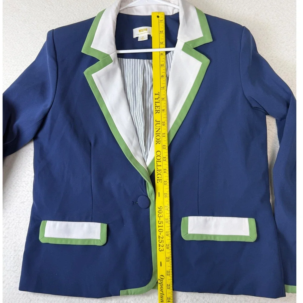 Maeve Anthropologie Navy Blue Blazer Green White Trim Petite Medium
